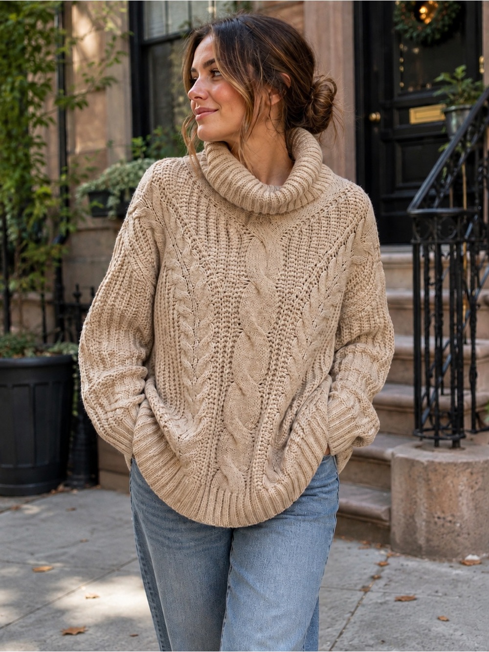 Moon & Madison Cable Knit Cowl Neck Oversized Sweater Cream Beige L